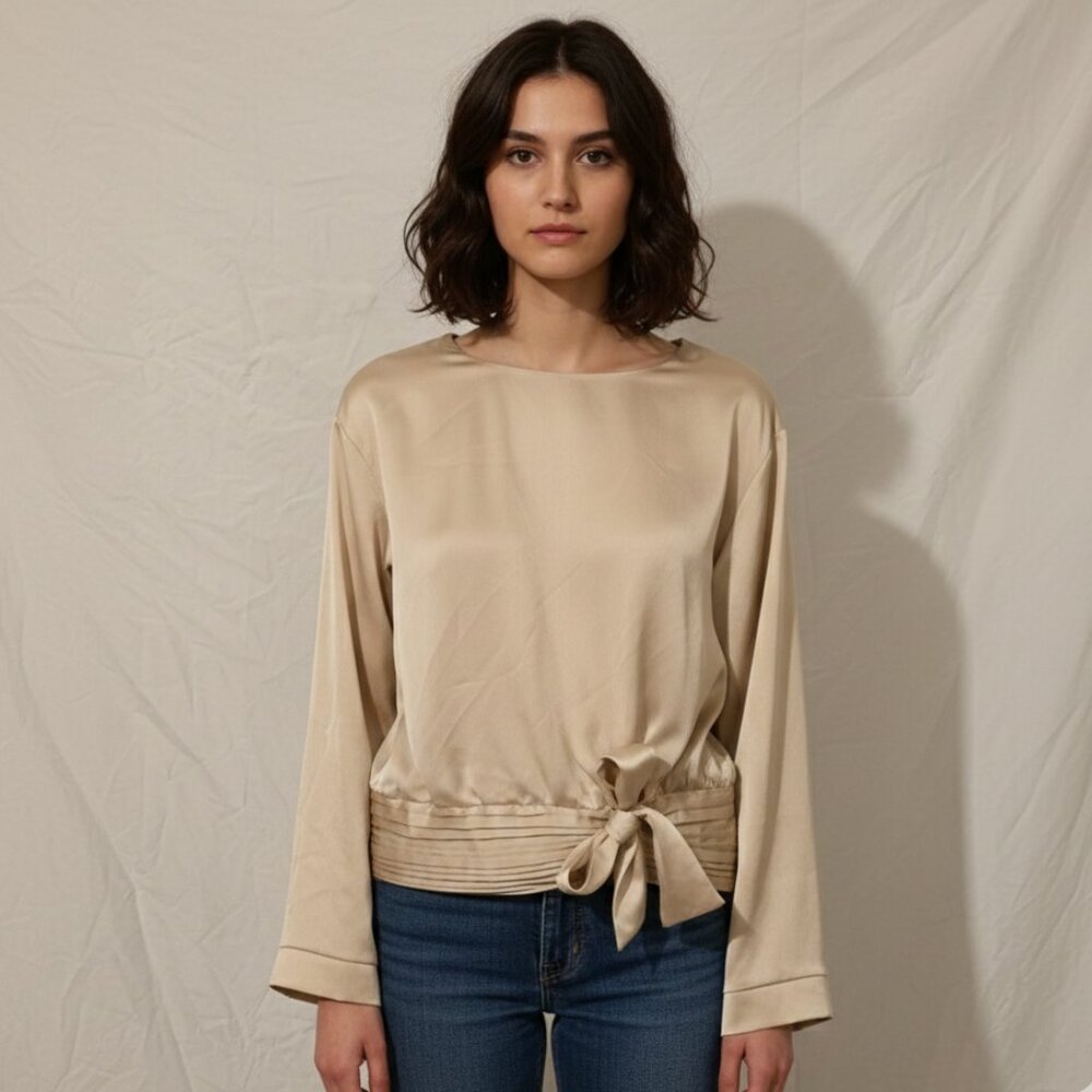 Philharmonie by Grace Satin Bow Women’s Top Size M Beige Long Sleeve Blouse NWT
